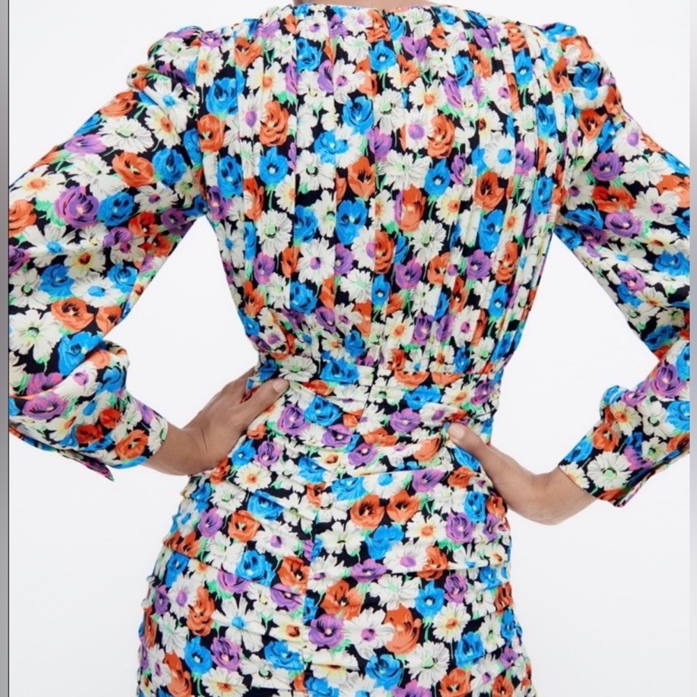 Zara Vibrant Floral Print Long Sleeve Mini Dress Ruched Skirt Design Woman Small - Picture 2 of 13